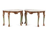 A Pair of Italian Green Painted and Parcel Gilt Marble-Top Console Tables