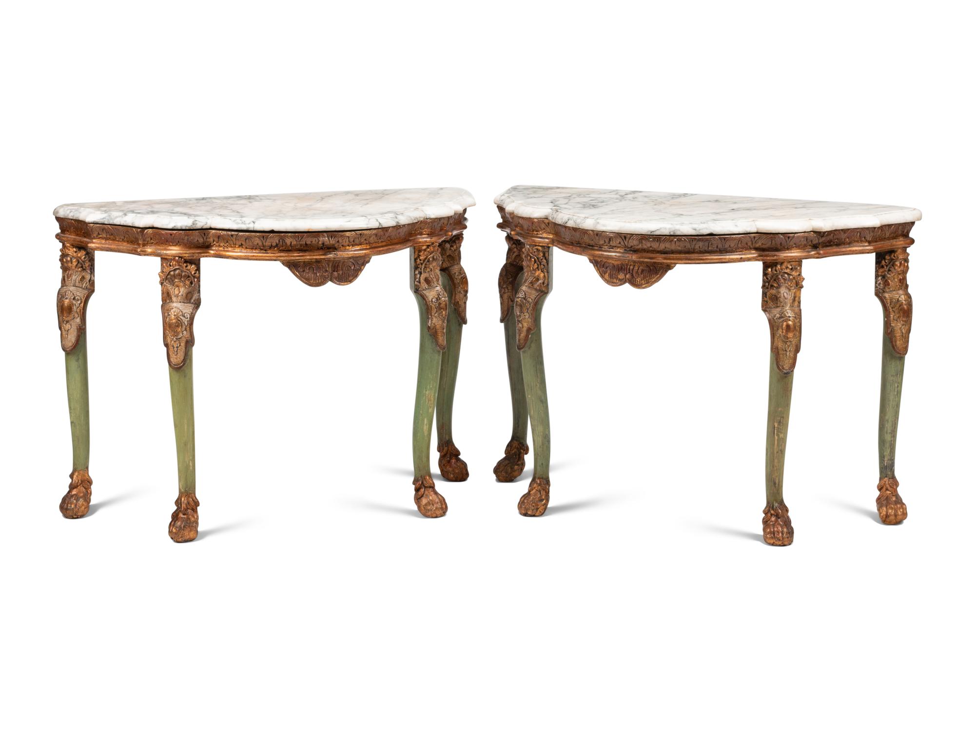 A Pair of Italian Green Painted and Parcel Gilt Marble-Top Console Tables