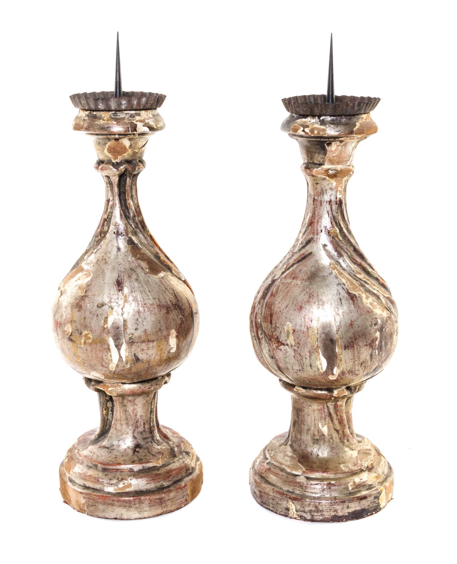 A Pair of Painted Pricket Sticks Height 19 inches. — 19TH CENTURY