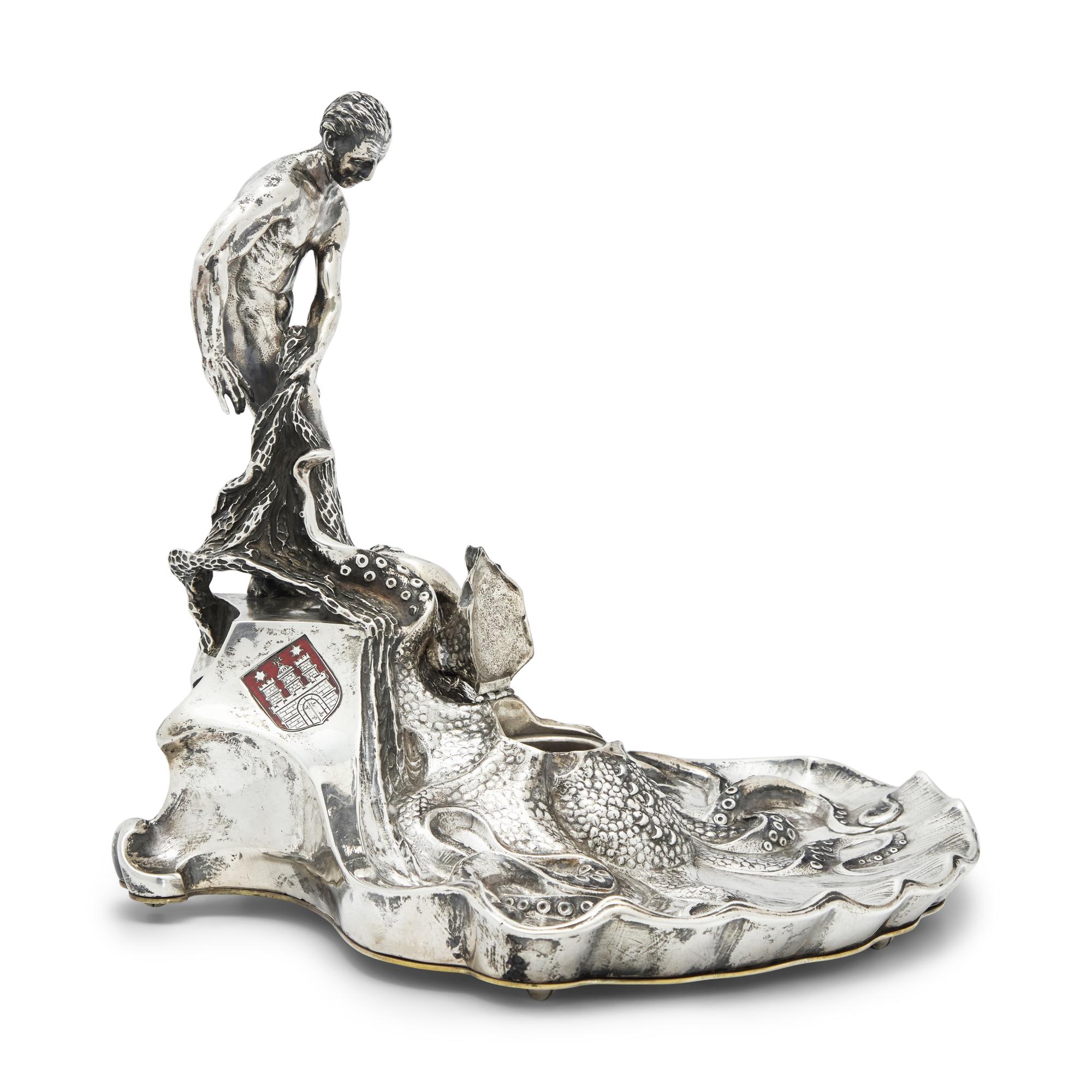 A German Enameled Silver Figural Inkwell