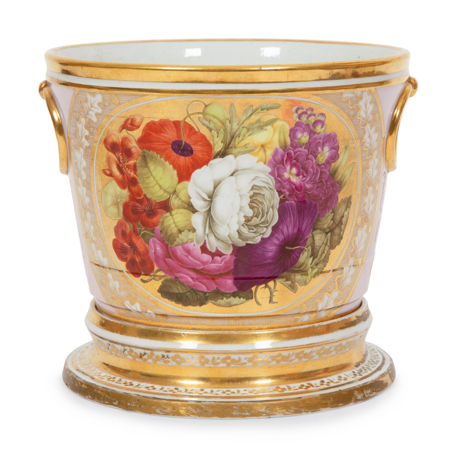 An English Painted and Parcel Gilt Porcelain Cache Pot and Stand