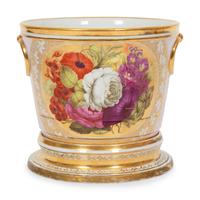 An English Painted and Parcel Gilt Porcelain Cache Pot and Stand