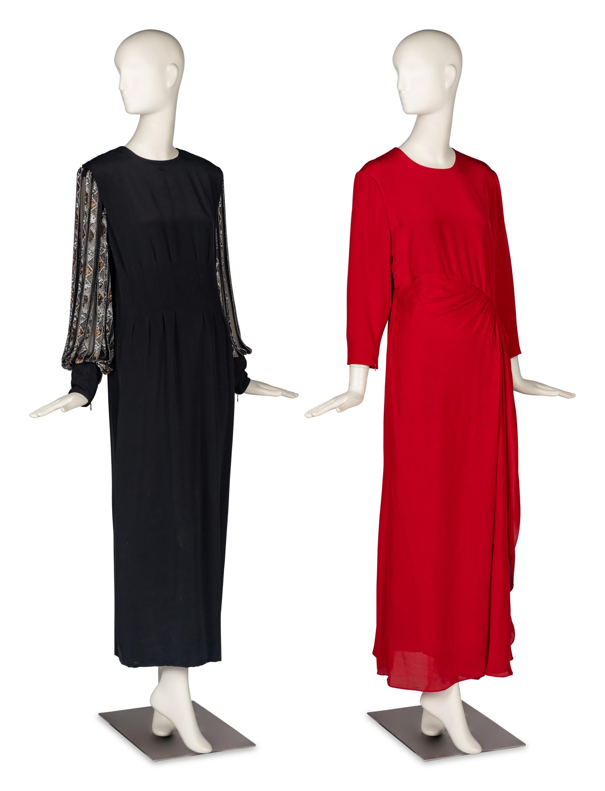 Two Gowns by Richilene and Carolina Herrera Accompanied by a Collection of Costume Jewelry