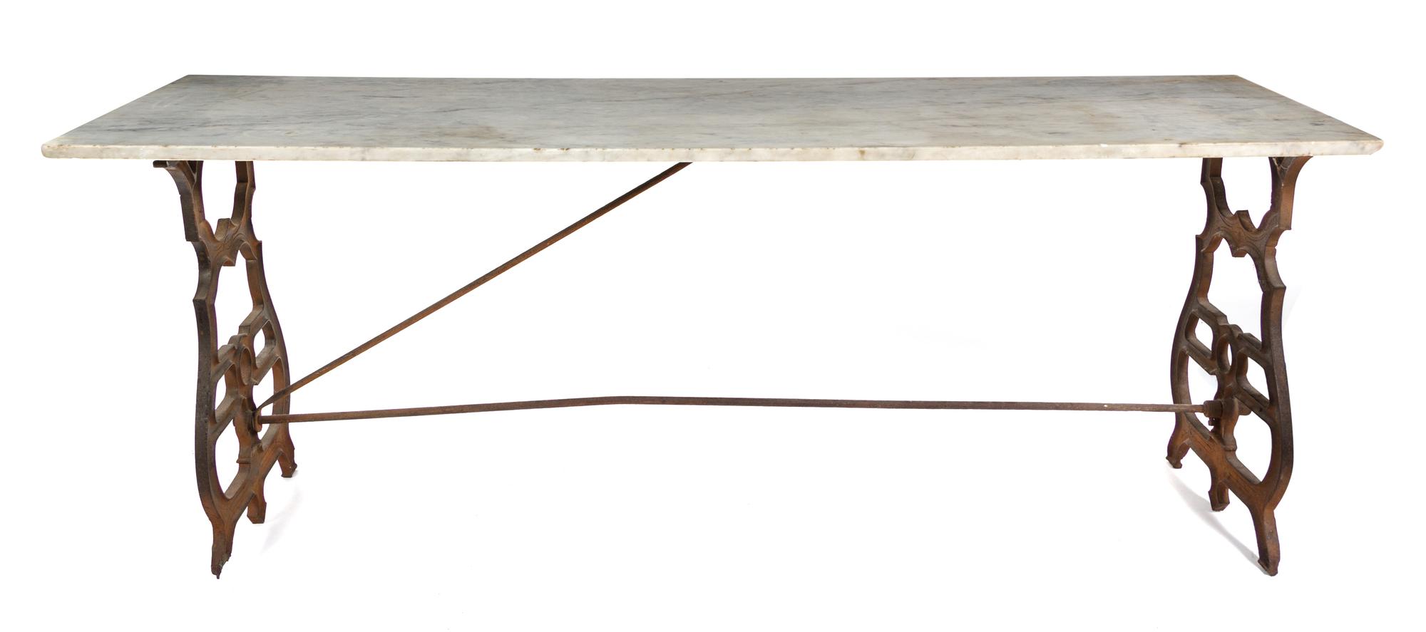 A French Iron and Marble Pastry Table Height 27 1/2 x width 75 x depth 24 1/4 inches. — 19TH CENTURY