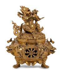 A Sino-Tibetan Style Gilt Bronze Tripod Incense Burner