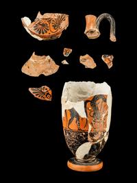 An Attic Black-Figured Fragmentary Lekythos with Satyrs Driving a Chariot