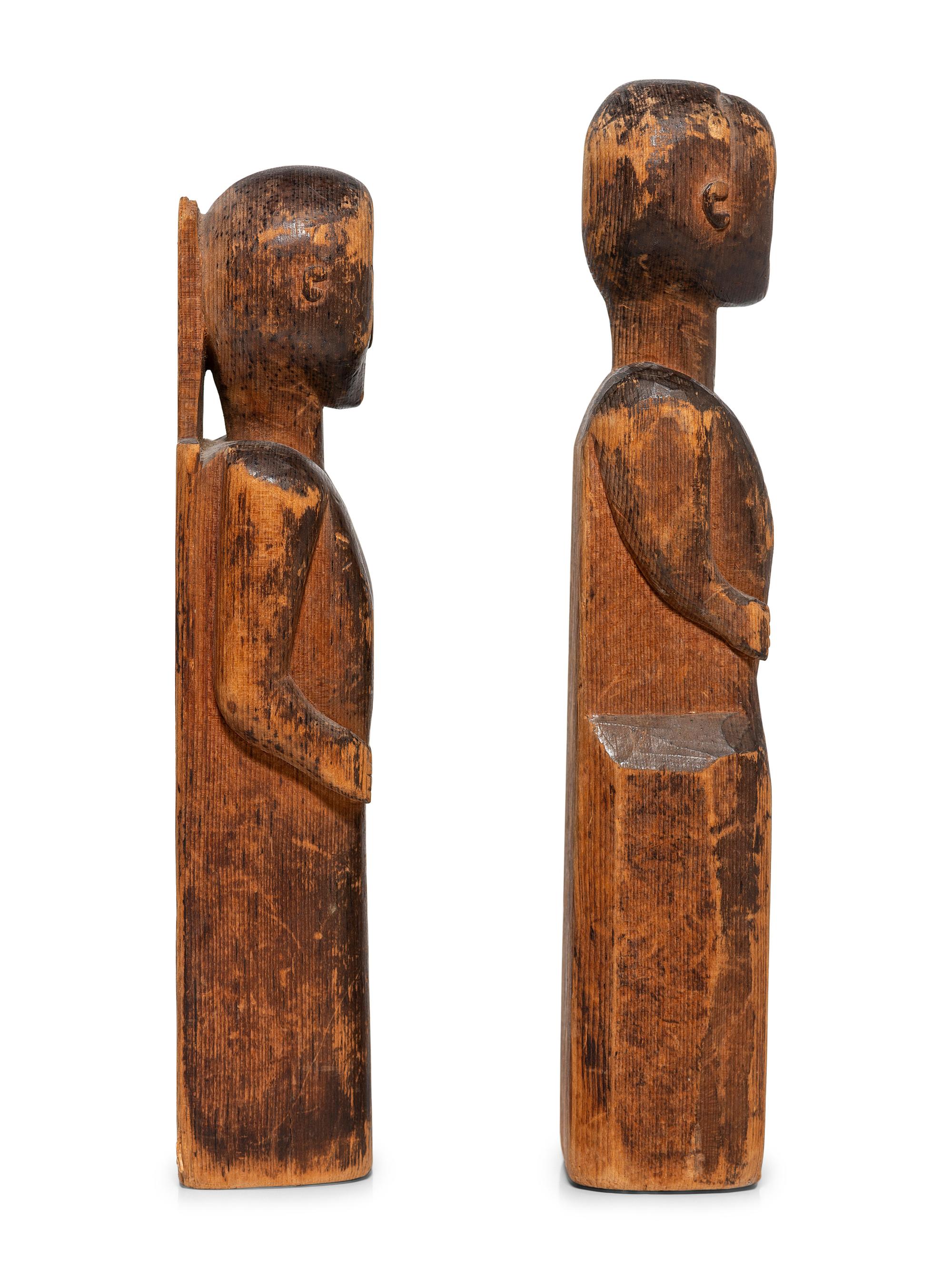 Two Carved Pine "Bedpost" Dolls