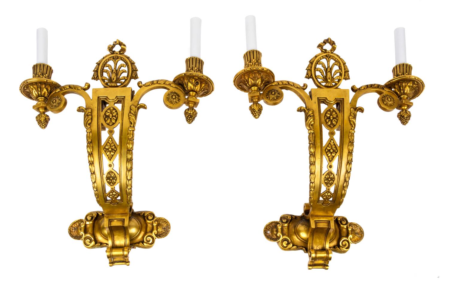 A Pair of Neoclassical Gilt Bronze Two-Light Sconces Height 18 inches. — EARLY 20TH CENTURY