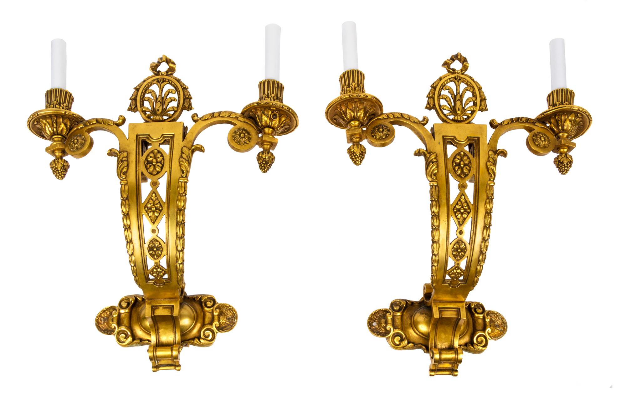 A Pair of Neoclassical Gilt Bronze Two-Light Sconces Height 18 inches. — EARLY 20TH CENTURY