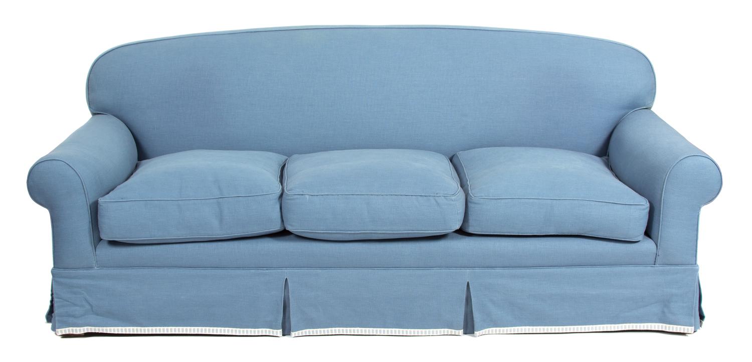 A Contemporary Blue Linen Upholstered Sofa Height 35 x width 80 x depth 33 inches. — 20TH CENTURY