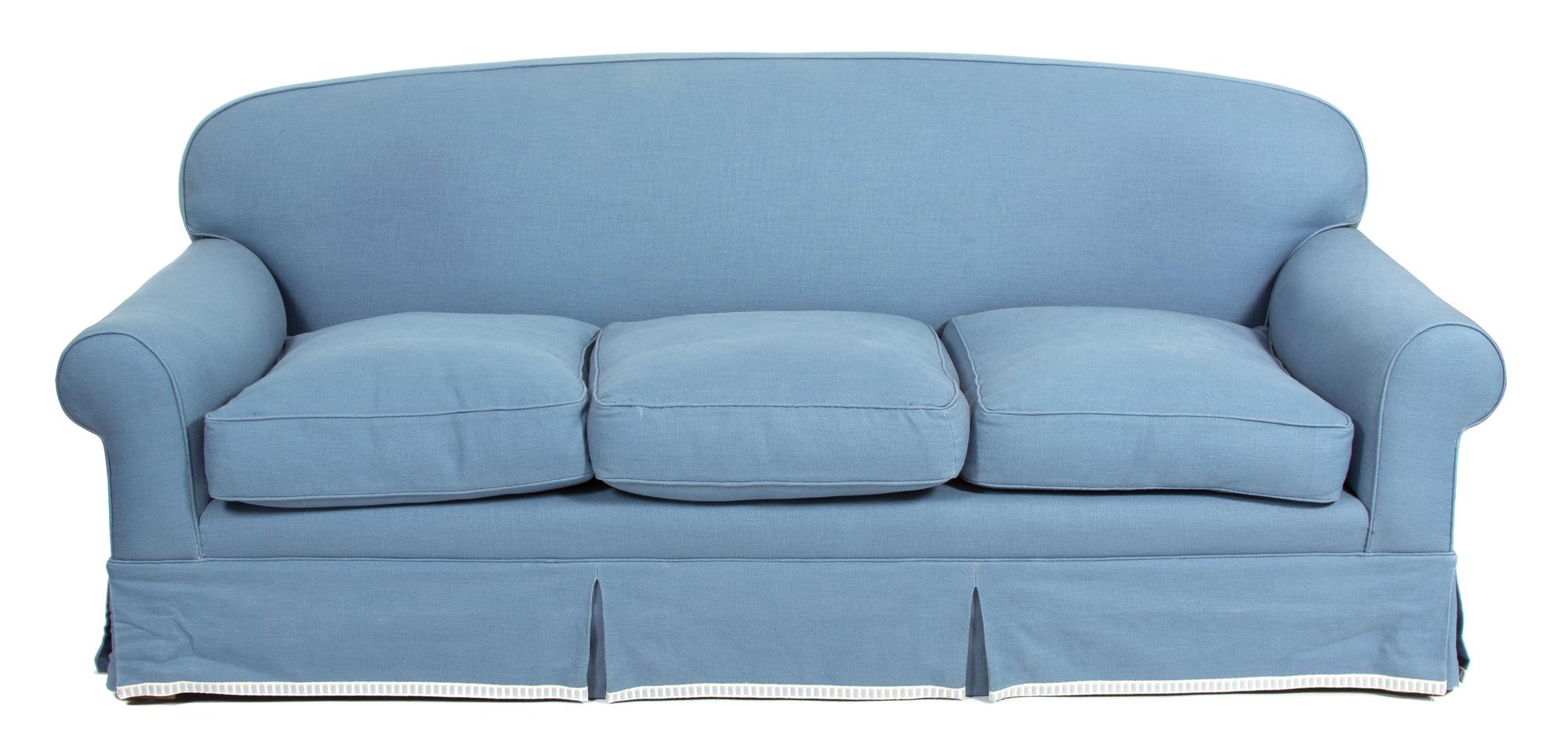 A Contemporary Blue Linen Upholstered Sofa Height 35 x width 80 x depth 33 inches. — 20TH CENTURY