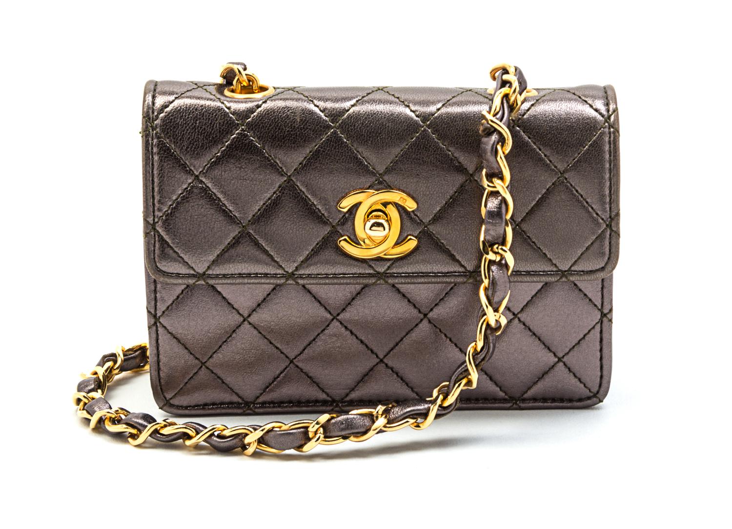 A Chanel Bronze Quilted Leather Mini Flap Bag, 5 1/2 x 4 x 1 1/2 inches.