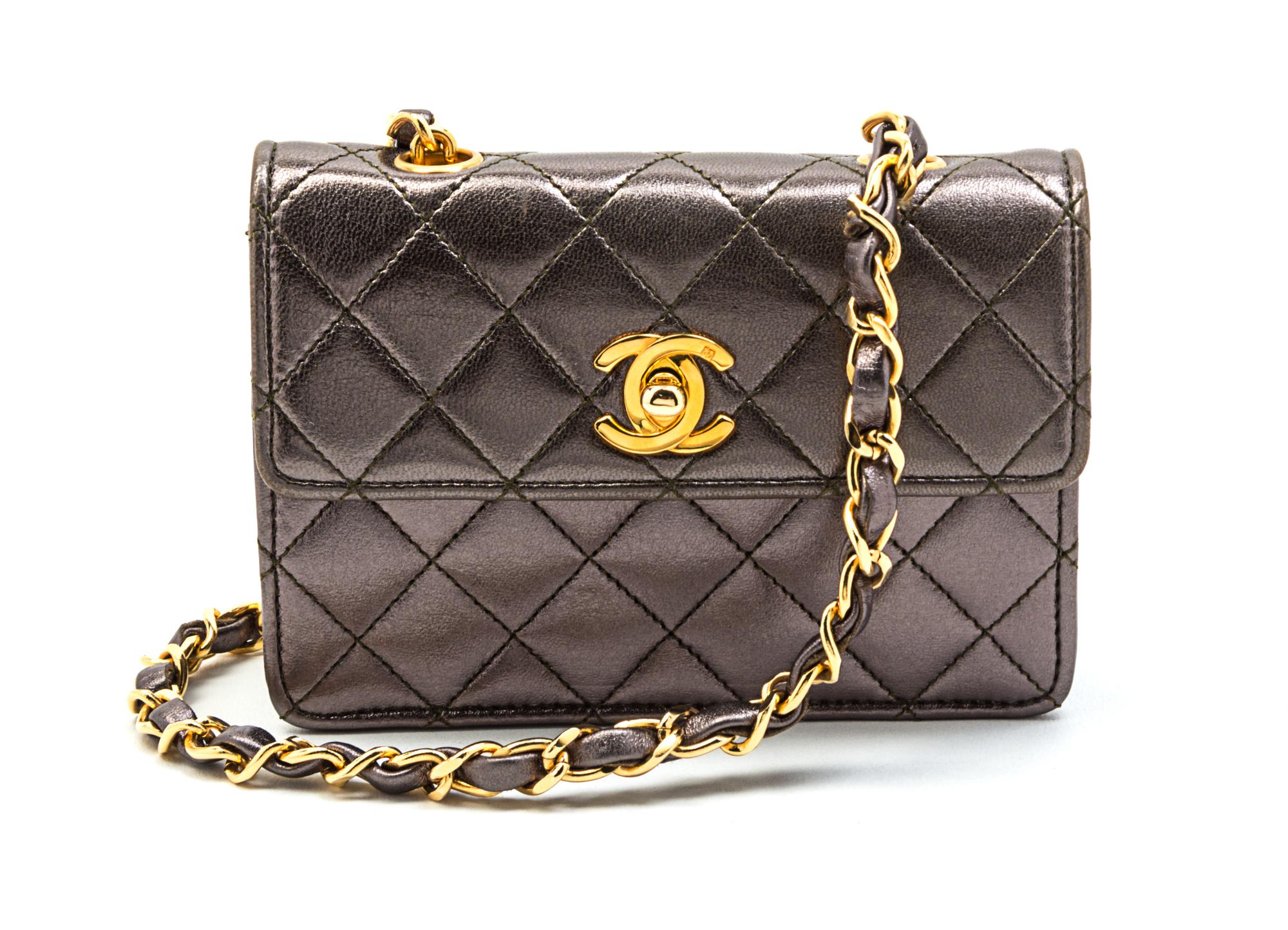 A Chanel Bronze Quilted Leather Mini Flap Bag, 5 1/2 x 4 x 1 1/2 inches.