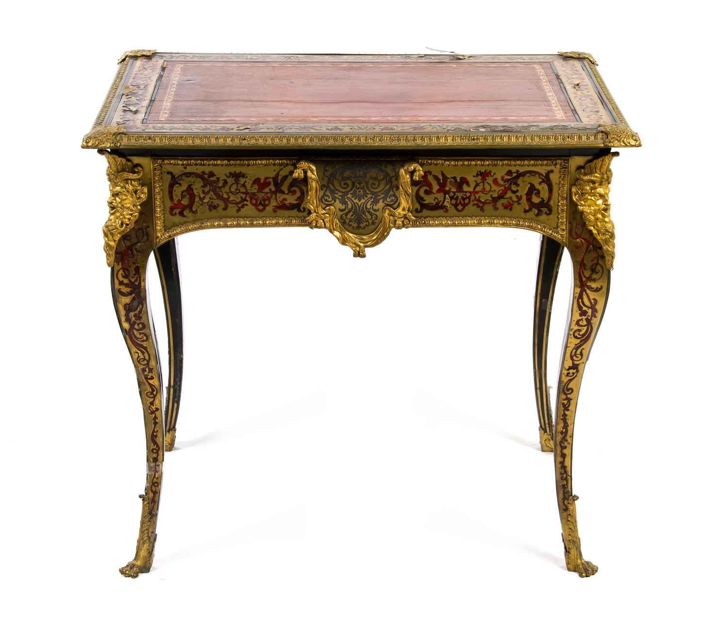 A Louis XV Style Gilt Bronze Mounted Boulle Marquetry Center Table, Height 29 3/4 x width 33 1/4 x depth 23 inches.