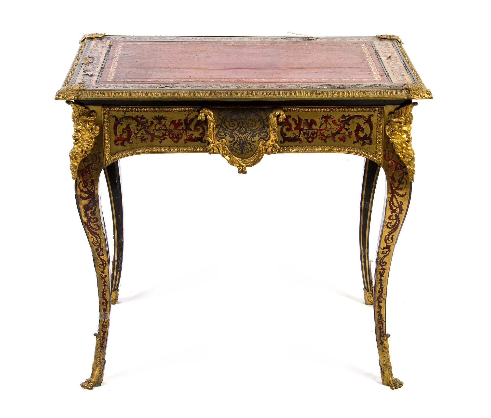A Louis XV Style Gilt Bronze Mounted Boulle Marquetry Center Table, Height 29 3/4 x width 33 1/4 x depth 23 inches.