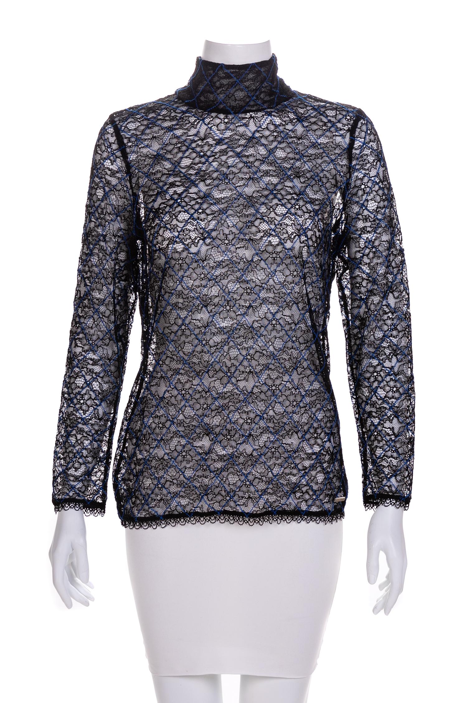 Chanel Sheer Black Lace with Blue Stripes Blouse, 2000s Size label: 42