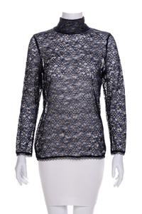 Chanel Sheer Black Lace with Blue Stripes Blouse, 2000s Size label: 42