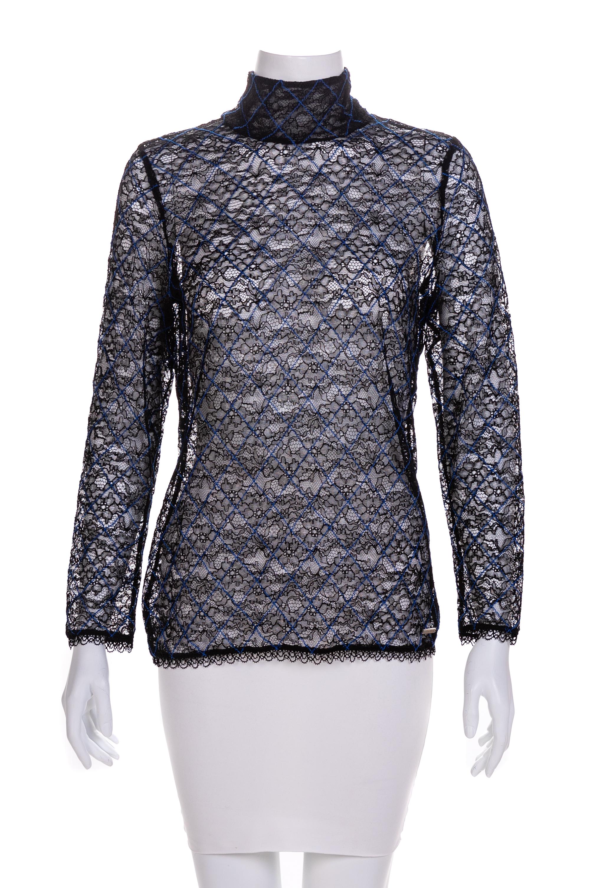 Chanel Sheer Black Lace with Blue Stripes Blouse, 2000s Size label: 42