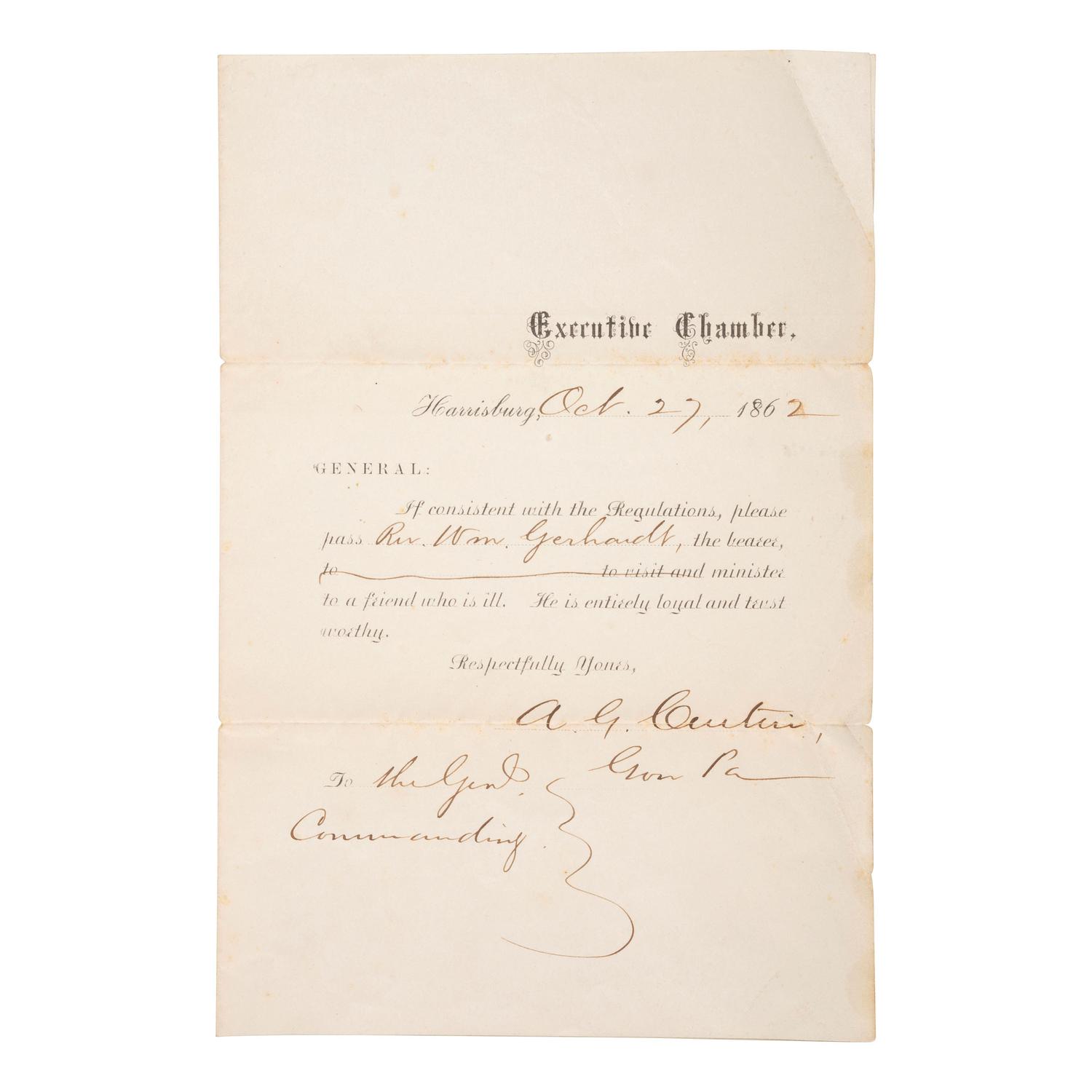 [CIVIL WAR]. A group of Civil War letters and ephemera representing multiple soldiers, a war-date governor, and including Andersonville POW letter from Private Samuel W. Armington (1837-1913), Co. D, Massachusetts 15th Infantry.