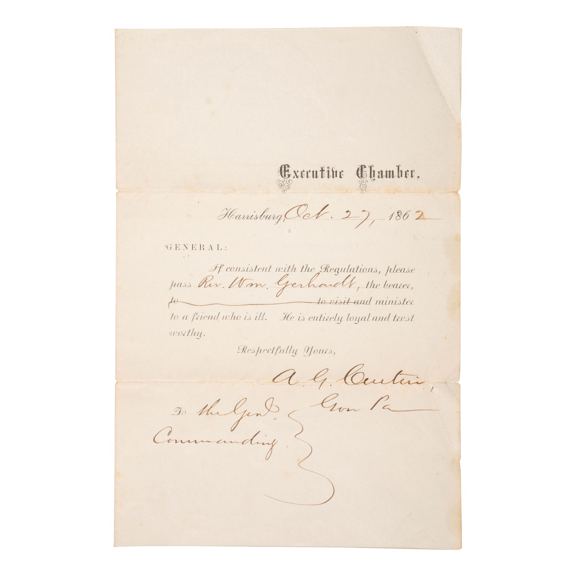 [CIVIL WAR]. A group of Civil War letters and ephemera representing multiple soldiers, a war-date governor, and including Andersonville POW letter from Private Samuel W. Armington (1837-1913), Co. D, Massachusetts 15th Infantry.