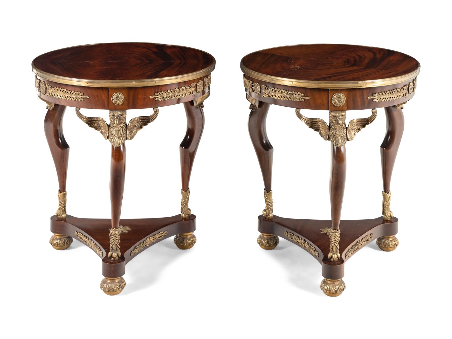 A Pair of Empire Style Gilt Bronze Mounted Mahogany Side Tables