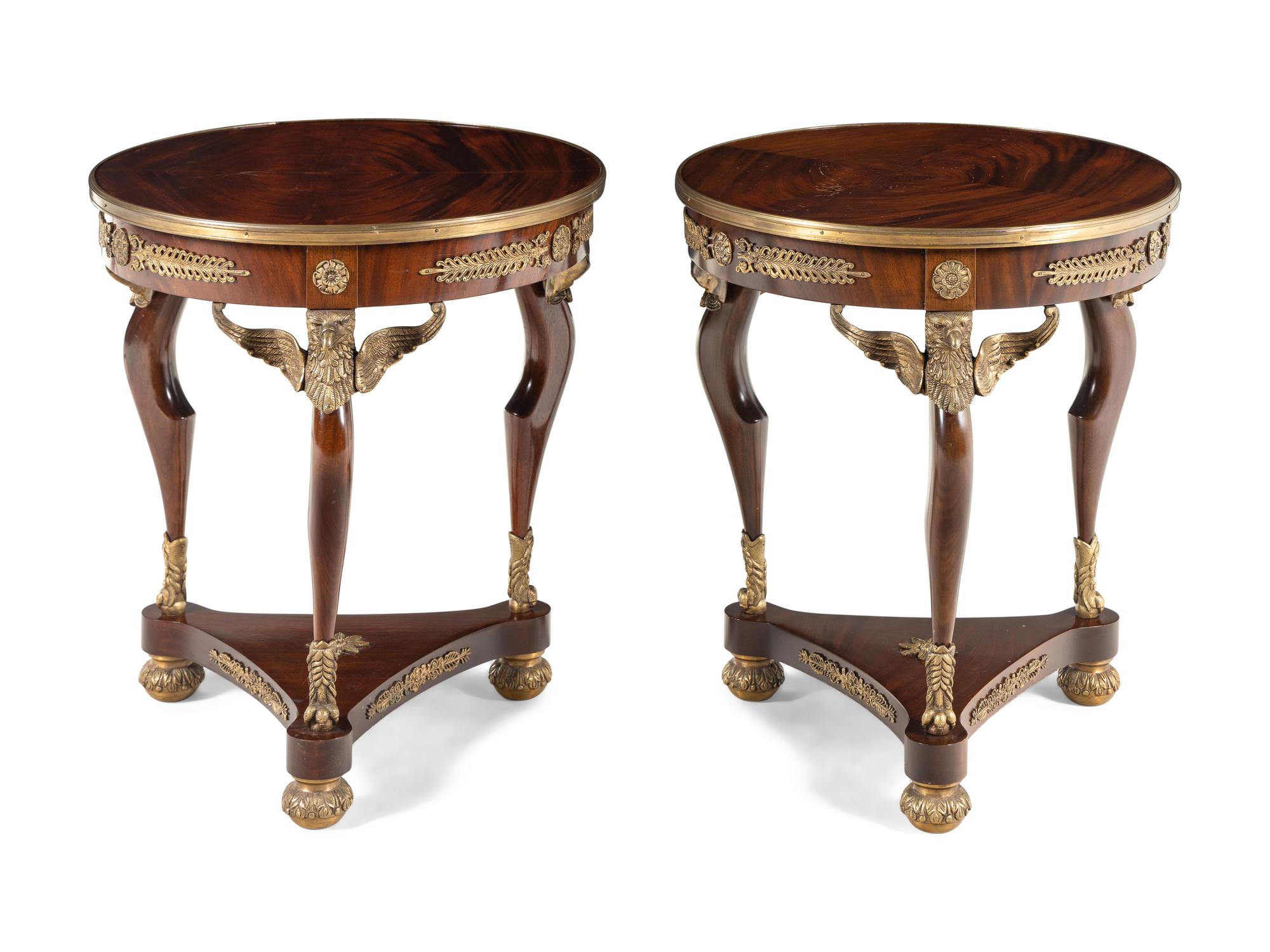A Pair of Empire Style Gilt Bronze Mounted Mahogany Side Tables