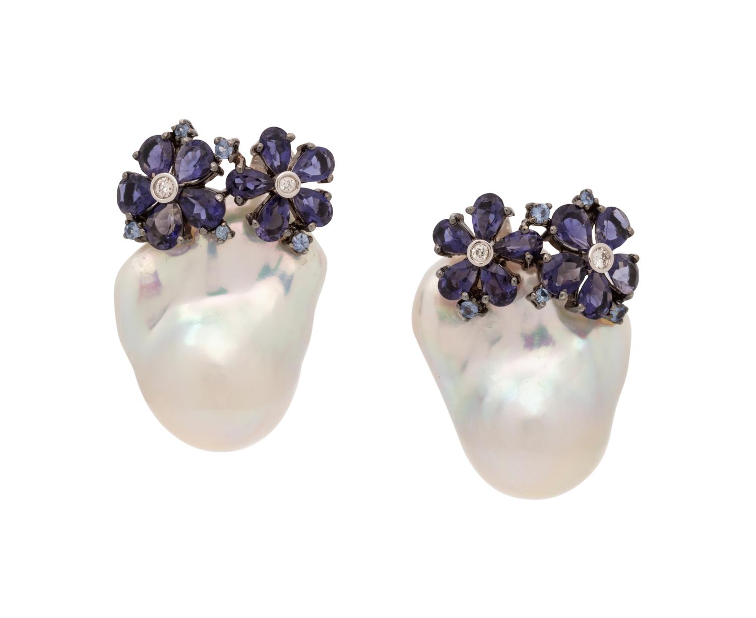 BAROQUE CULTURED PEARL, IOLITE, SAPPHIRE AND DIAMOND EARCLIPS