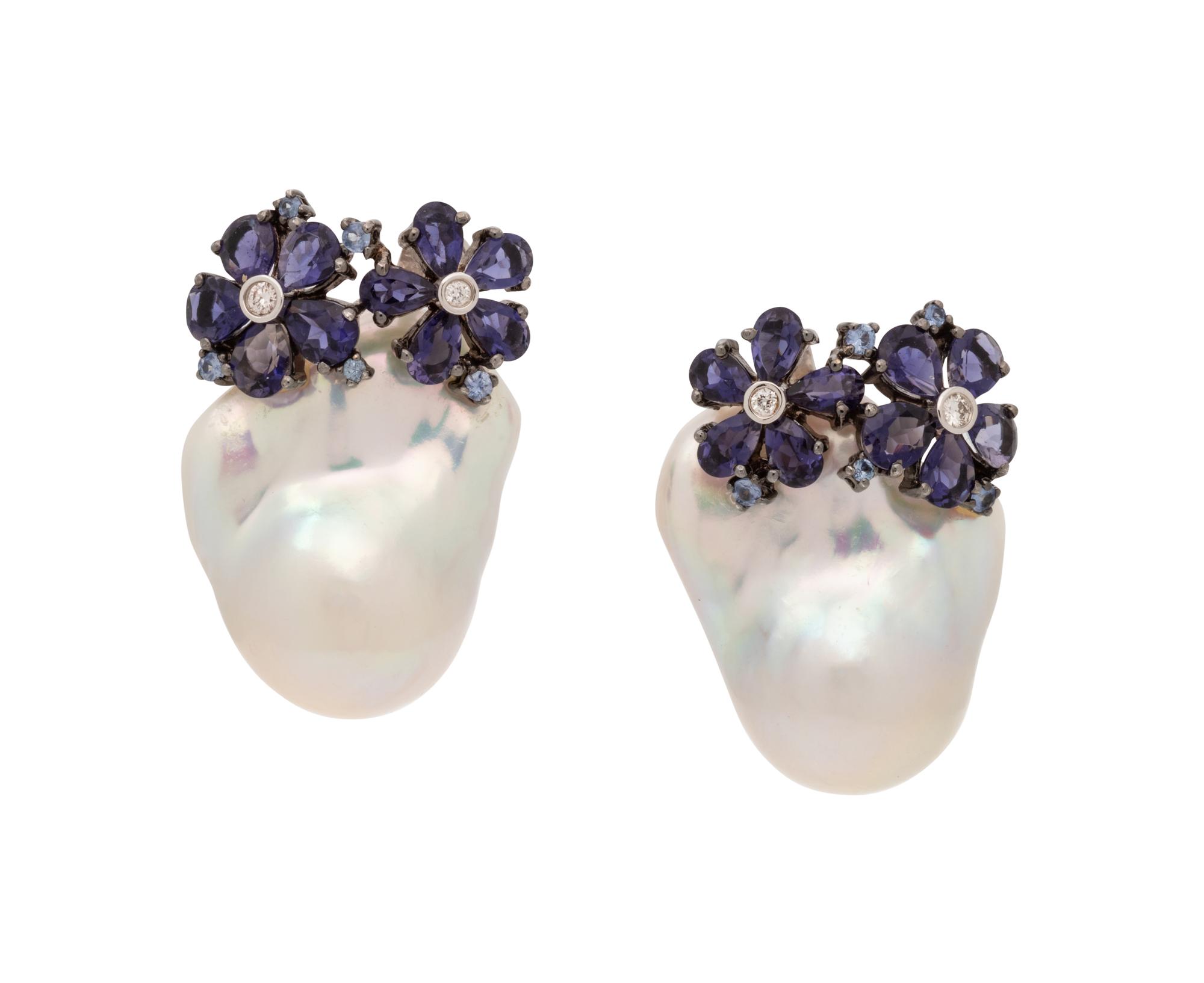BAROQUE CULTURED PEARL, IOLITE, SAPPHIRE AND DIAMOND EARCLIPS