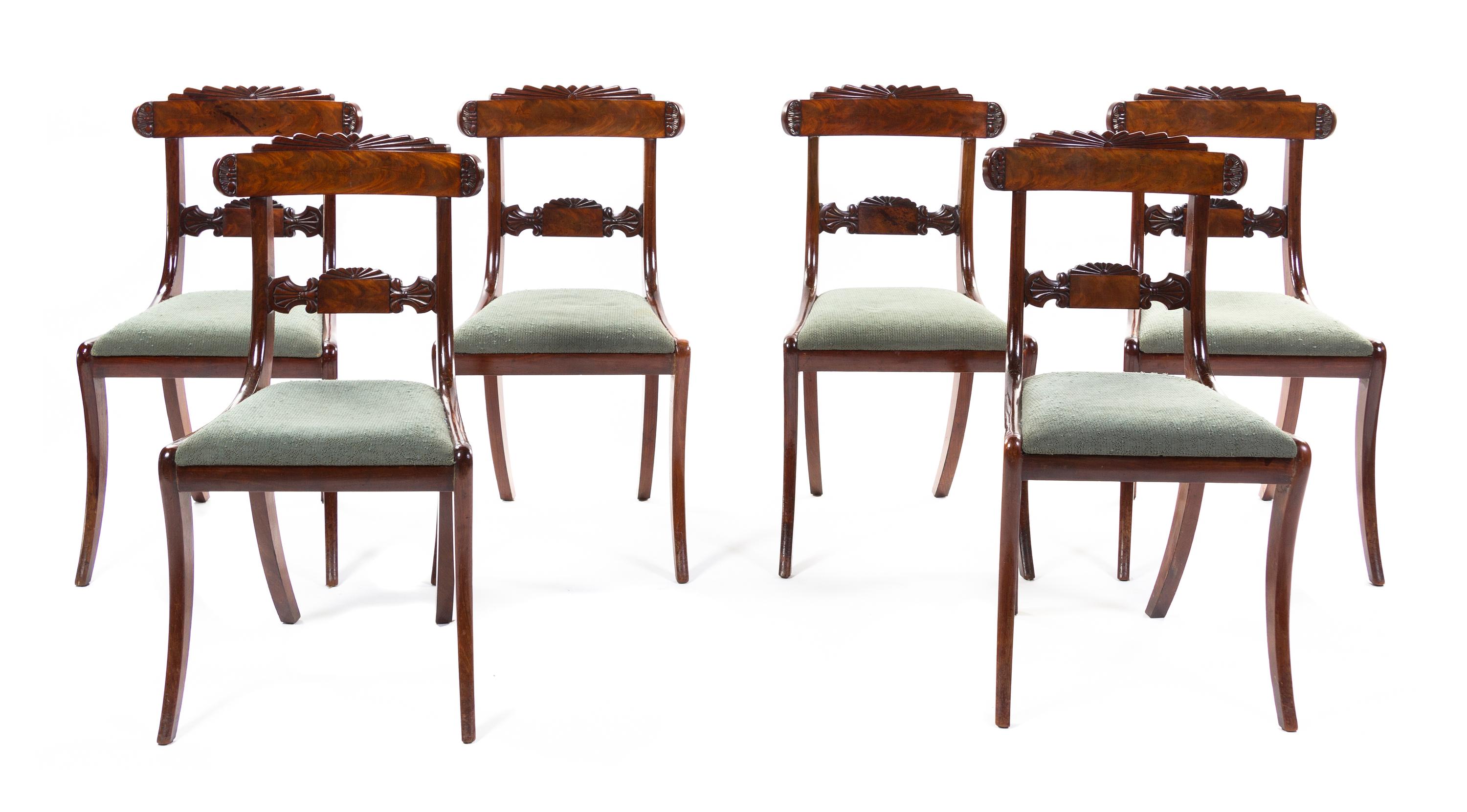 A Set of Six Regency Mahogany Side Chairs, Height 34 1/2 inches.