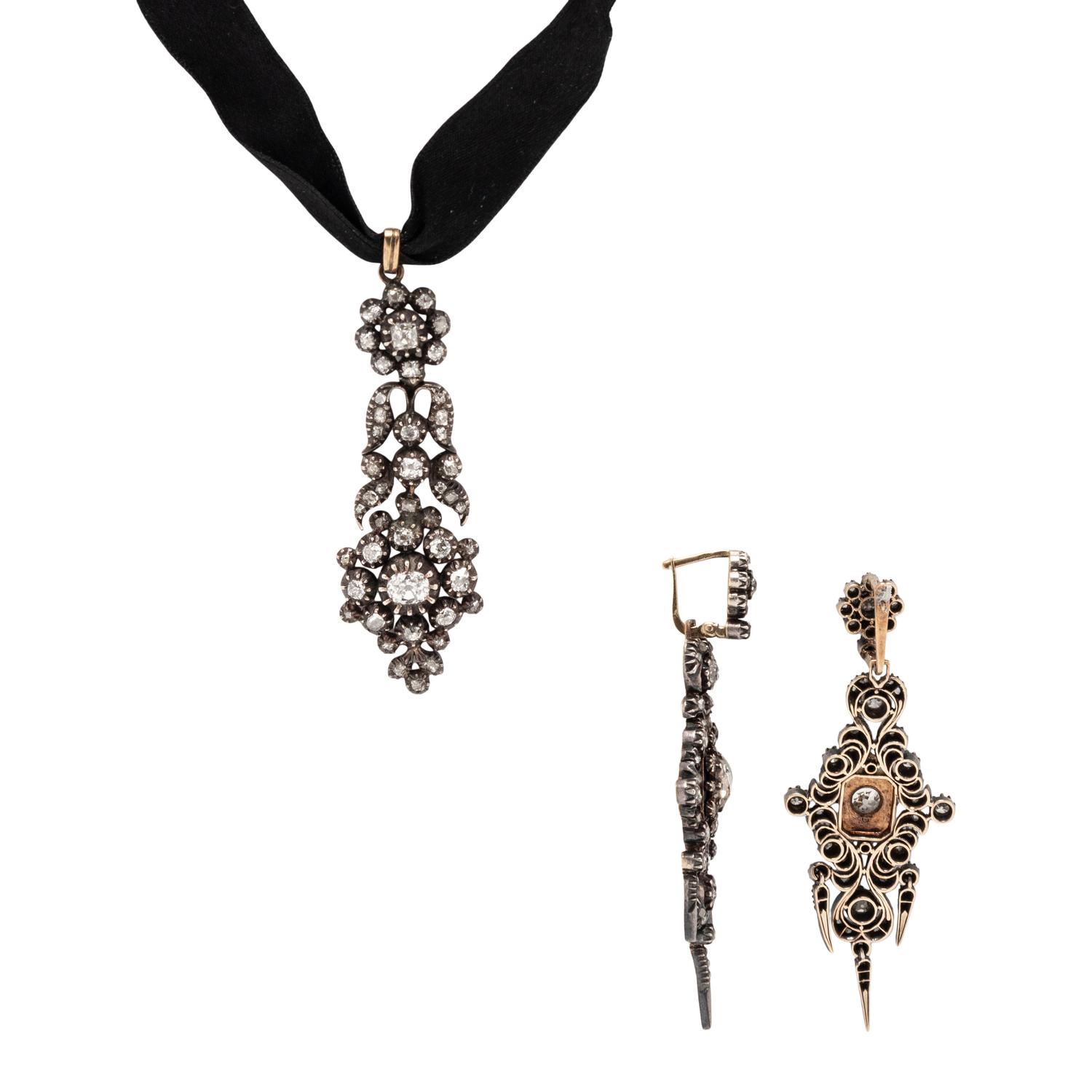 ANTIQUE, SILVER-TOPPED GOLD AND DIAMOND DEMI PARURE