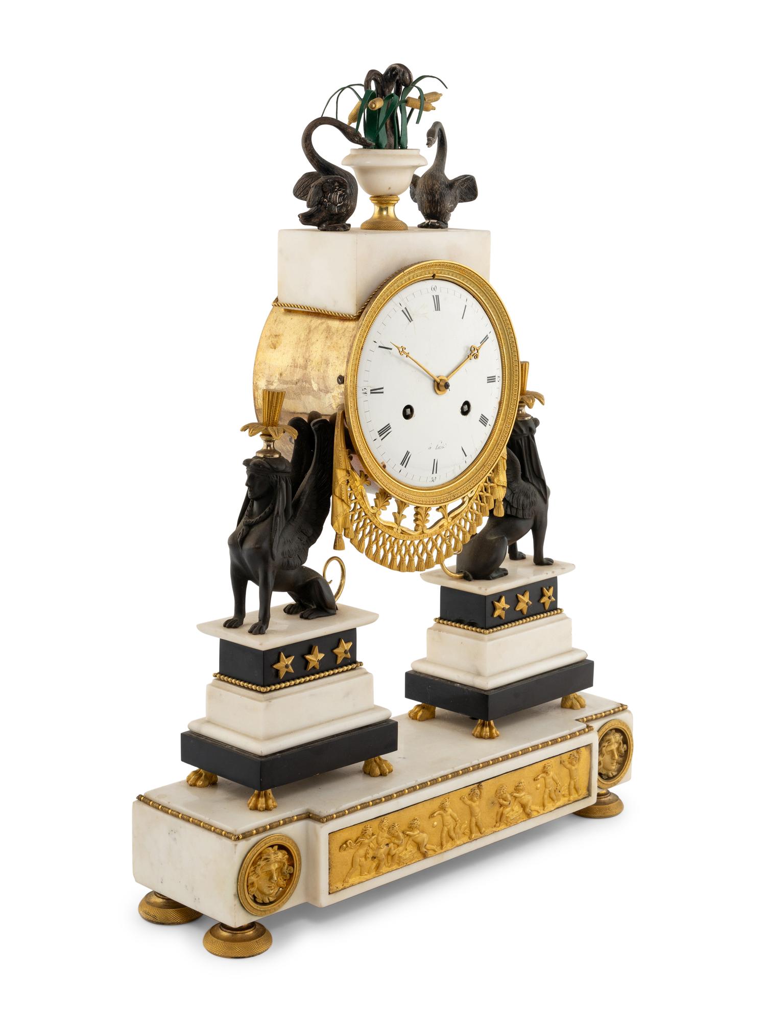A Directoire Ormolu Mounted White Marble Clock