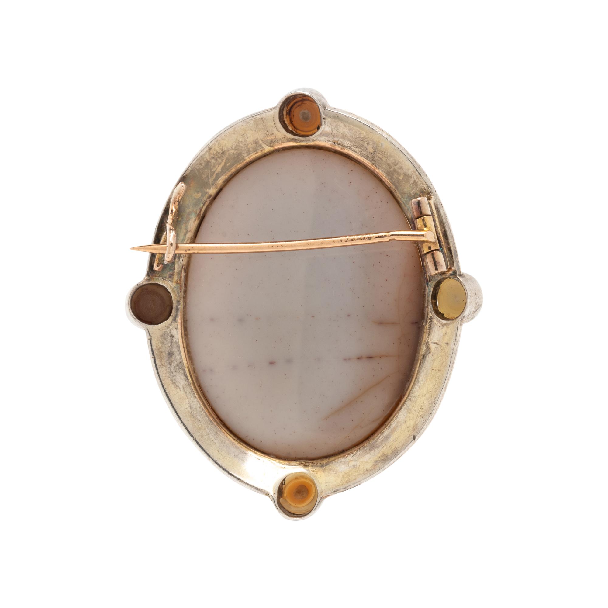 WILLIAM BROWN, ANTIQUE, PEARL, DIAMOND AND CHALCEDONY CAMEO BROOCH