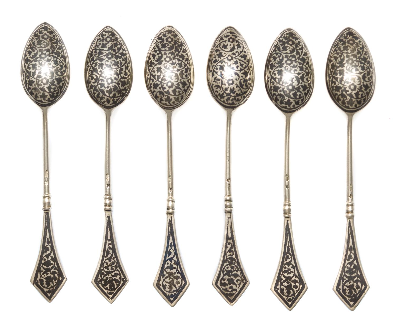 A Set of Six Russian Niello Silver Teaspoons, Maker's marks obscured, Moscow, late 19th/early 20th century, each having a knopped stem,