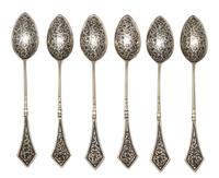 A Set of Six Russian Niello Silver Teaspoons, Maker's marks obscured, Moscow, late 19th/early 20th century, each having a knopped stem,