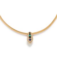 YELLOW GOLD, DIAMOND, TANZANITE AND OPAL INLAY PENDANT/NECKLACE