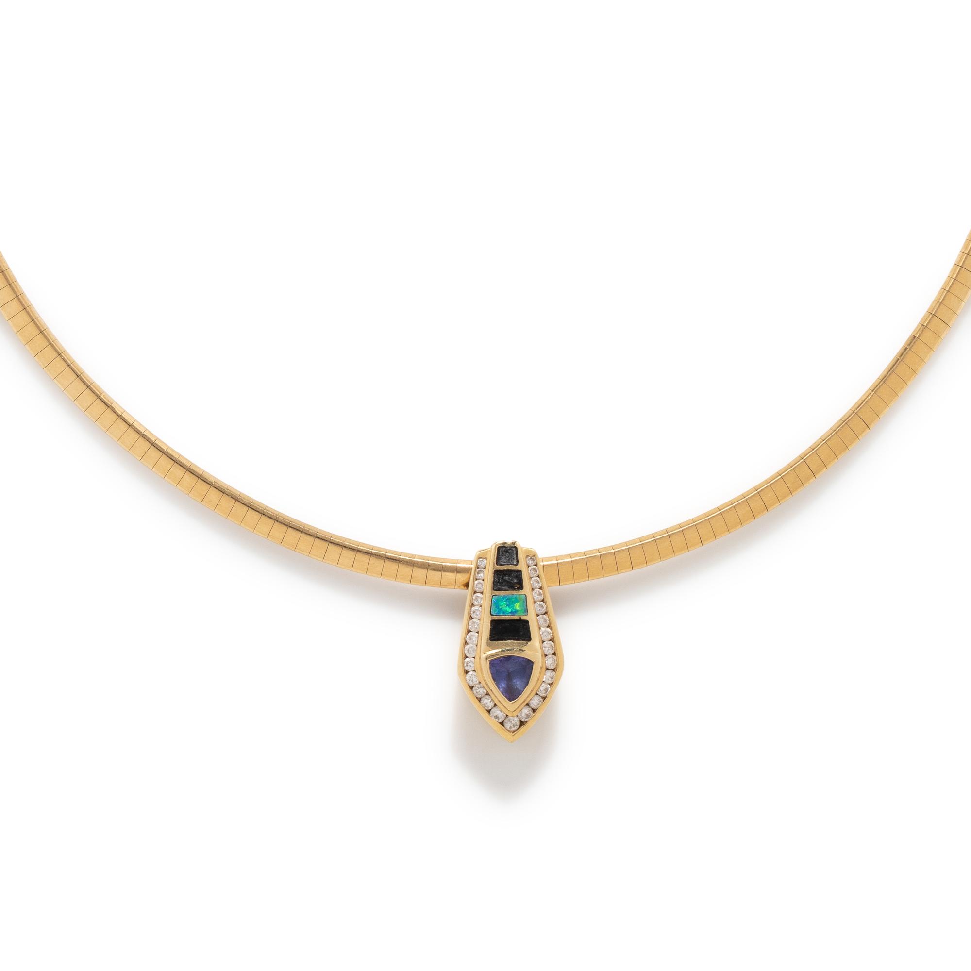 YELLOW GOLD, DIAMOND, TANZANITE AND OPAL INLAY PENDANT/NECKLACE