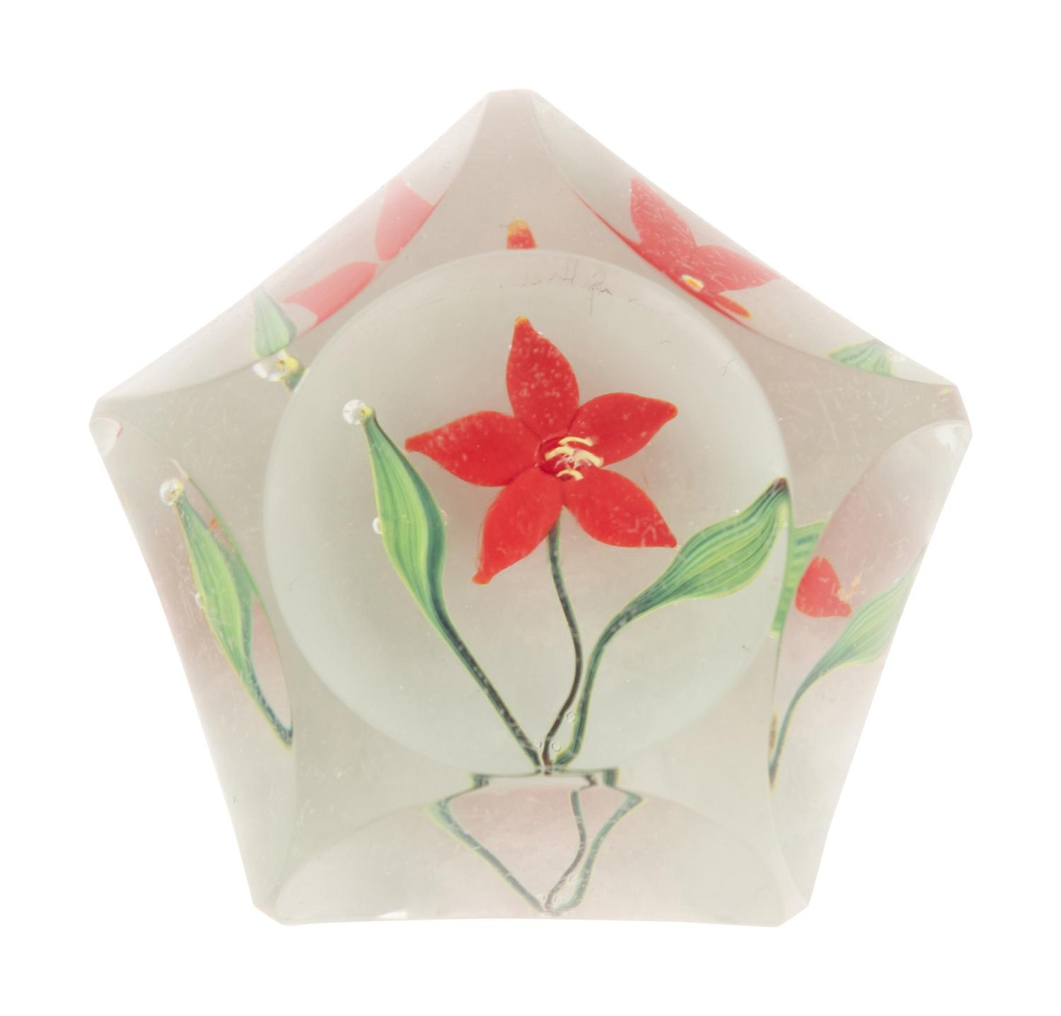 A Paul Stankard Miniature Red Flower Faceted Paperweight