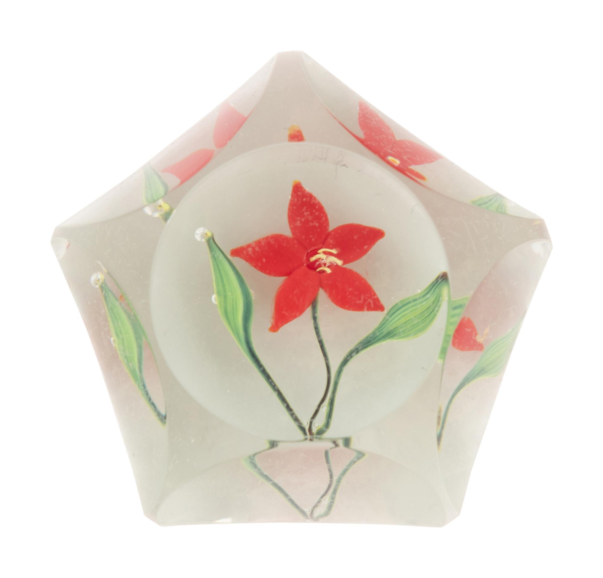 A Paul Stankard Miniature Red Flower Faceted Paperweight