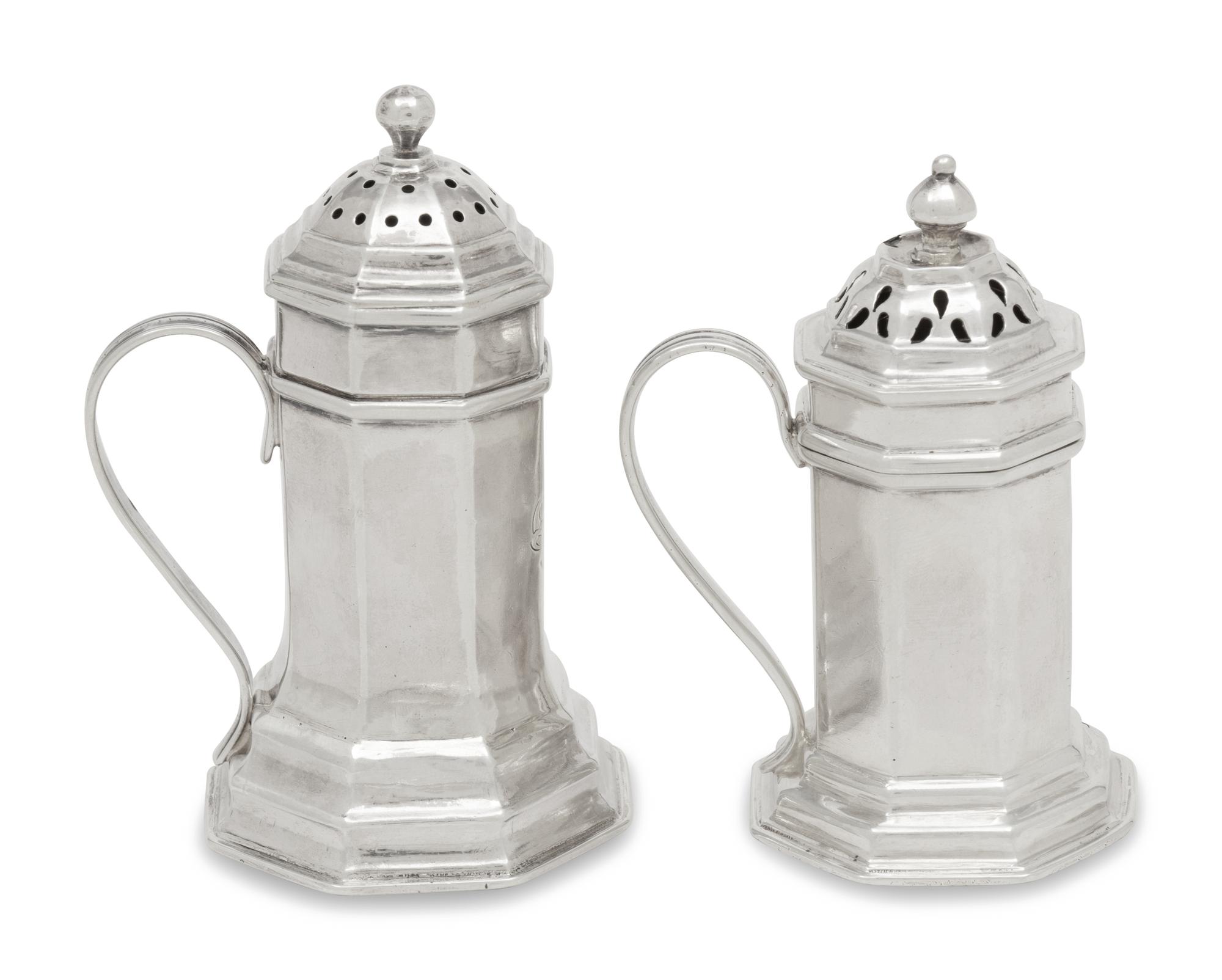 Two Queen Anne Britannia Silver Pepper Boxes