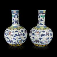 A Pair of Large Chinese Famille Rose Porcelain 'Bajixiang' Vases, Tianqiuping , Late 19th-Early 20th Century 清晚期 粉彩八吉祥大天球瓶一對
