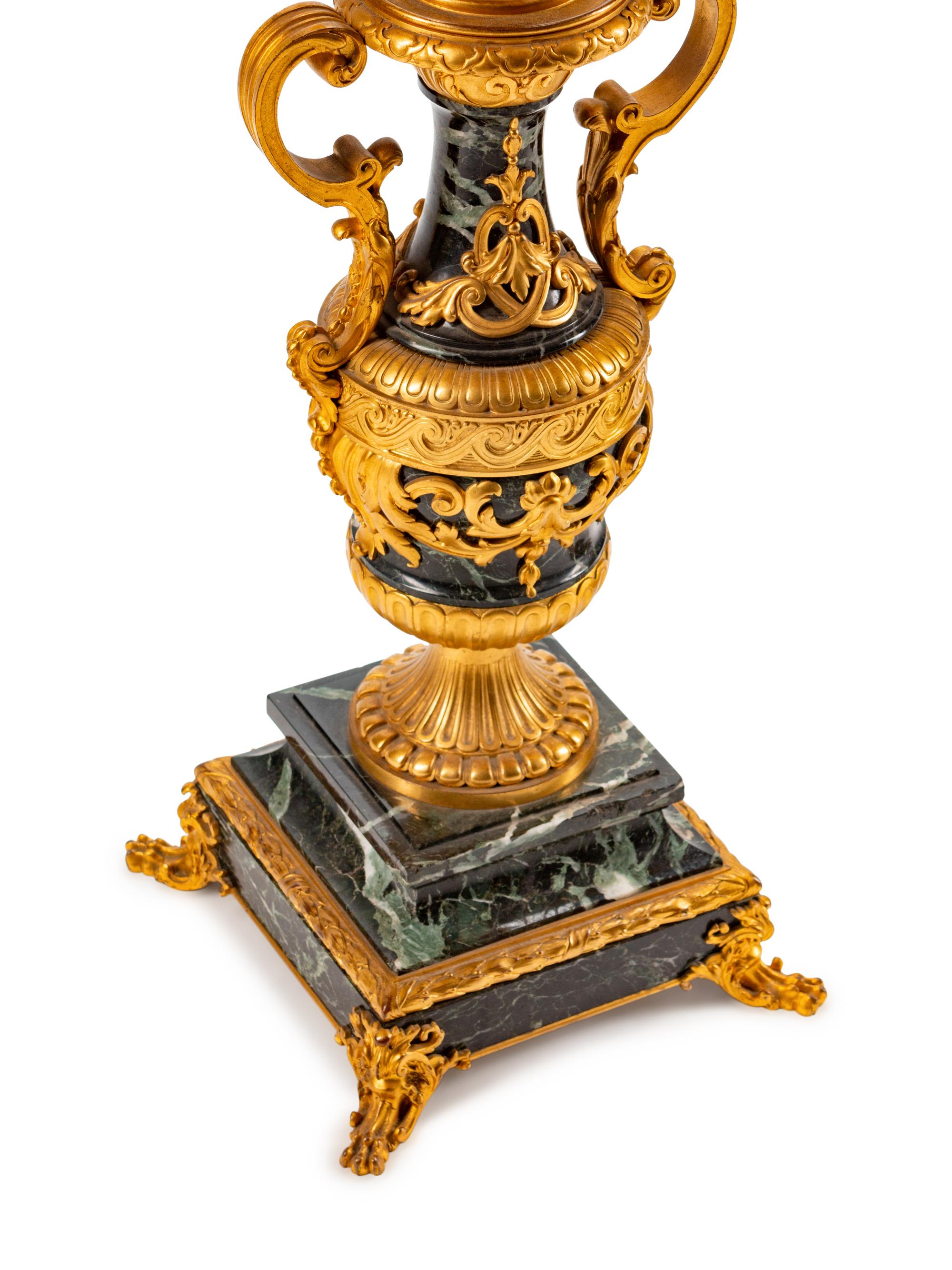 A Pair of Gilt-Bronze-Mounted Green Marble Nine-Light Candelabra — 19TH CENTURY