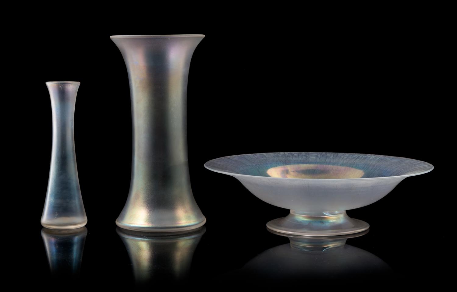 Steuben, FIRST HALF 20TH CENTURY, three Verre de Soie glass articles