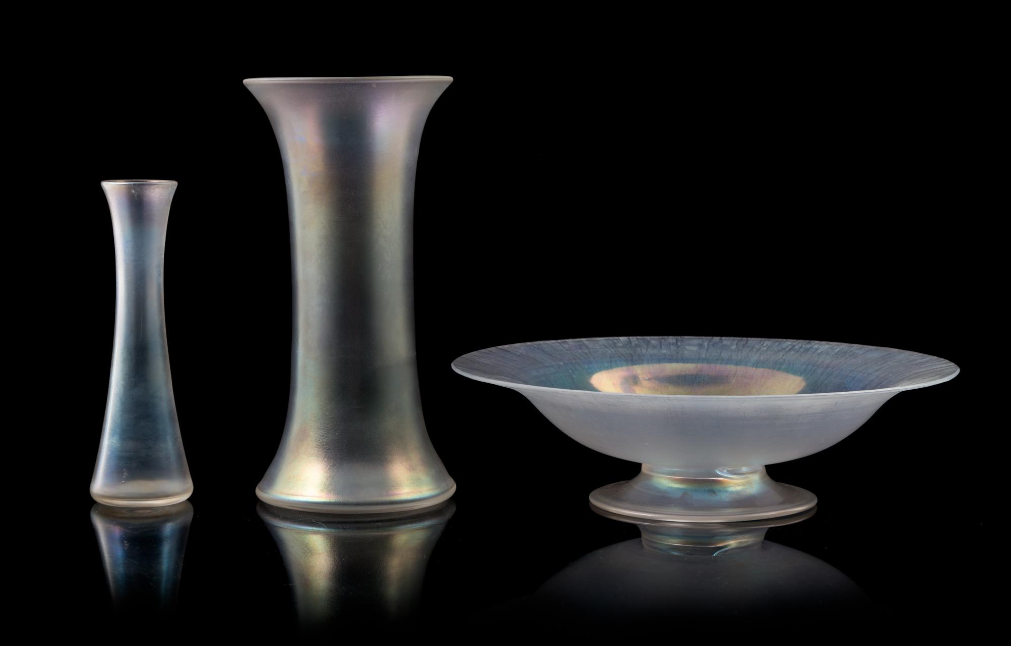 Steuben, FIRST HALF 20TH CENTURY, three Verre de Soie glass articles