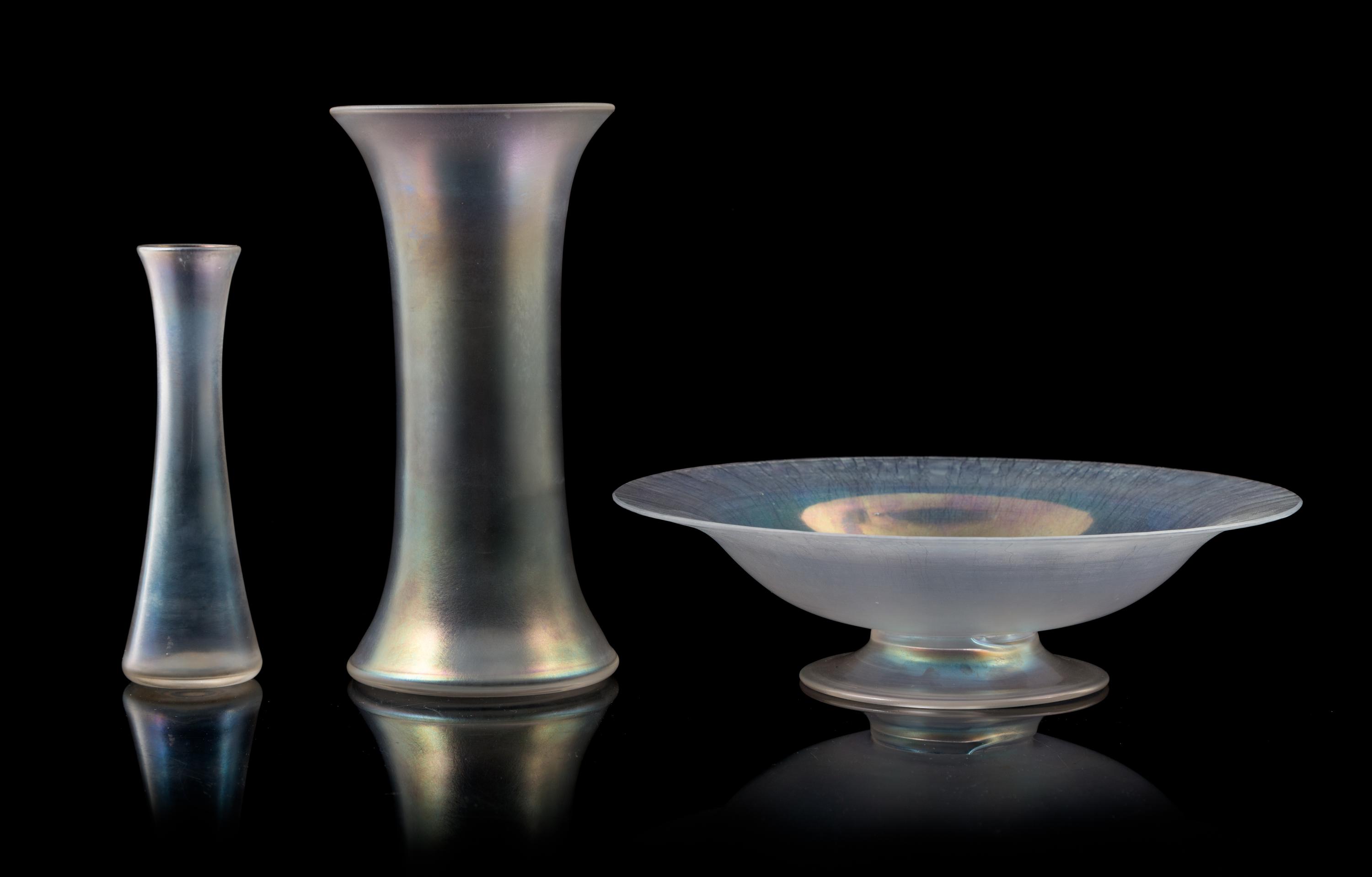 Steuben, FIRST HALF 20TH CENTURY, three Verre de Soie glass articles