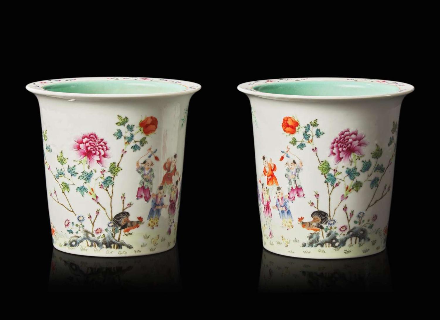 A pair of Chinese famille rose "Boys" jardinieres, six-character Guangxu mark 粉彩嬰戲花盆一對 光緒六字款