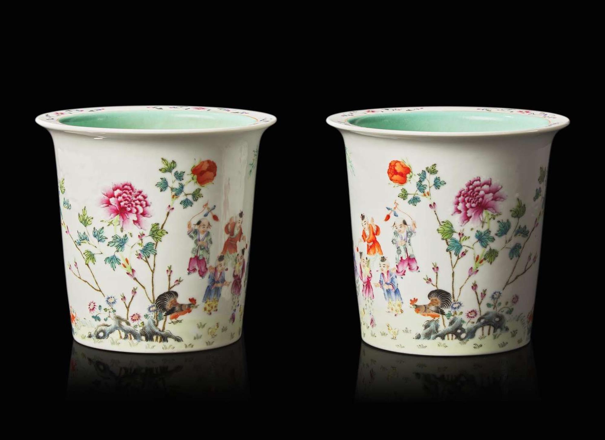 A pair of Chinese famille rose "Boys" jardinieres, six-character Guangxu mark 粉彩嬰戲花盆一對 光緒六字款