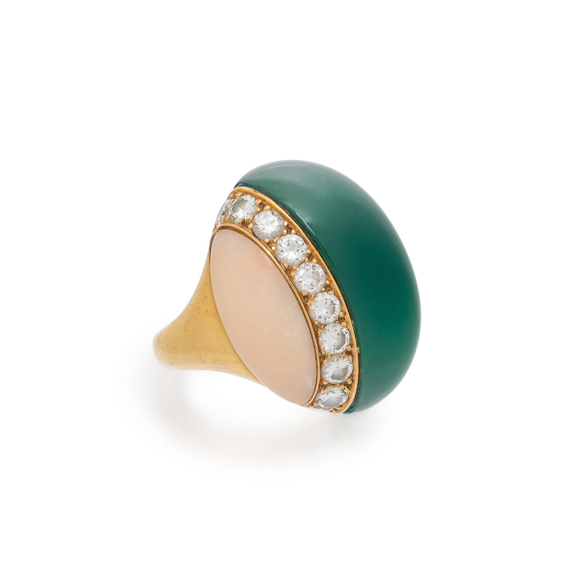 MAUBOUSSIN, CORAL, CHRYSOPRASE, AND DIAMOND RING