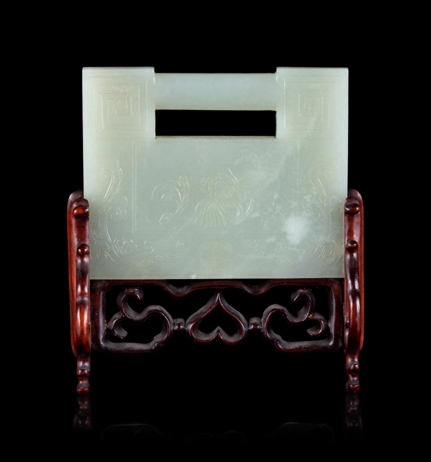 A Pale Celadon Jade and Hardwood Table Screen