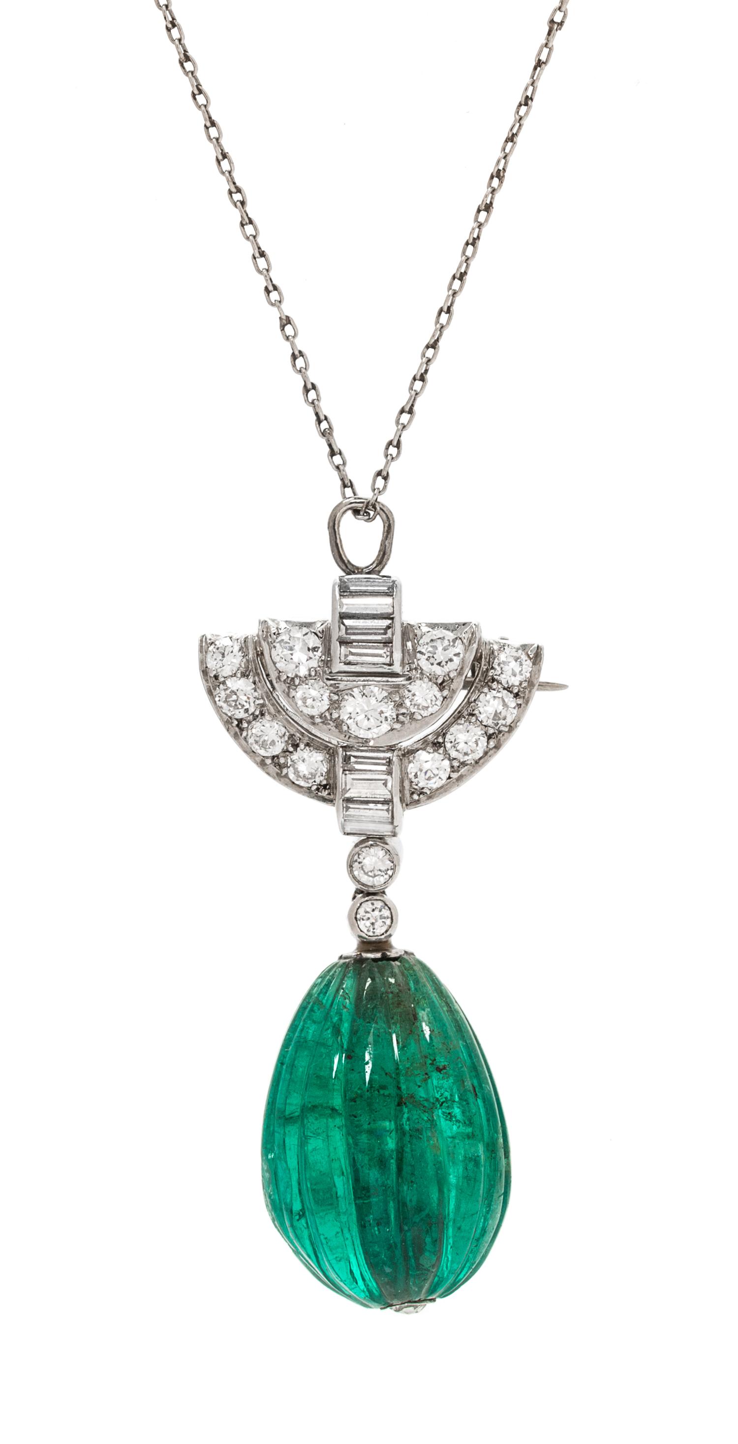 A Platinum, Emerald and Diamond Pendant/Brooch, Tiffany & Co., 6.50 dwts.