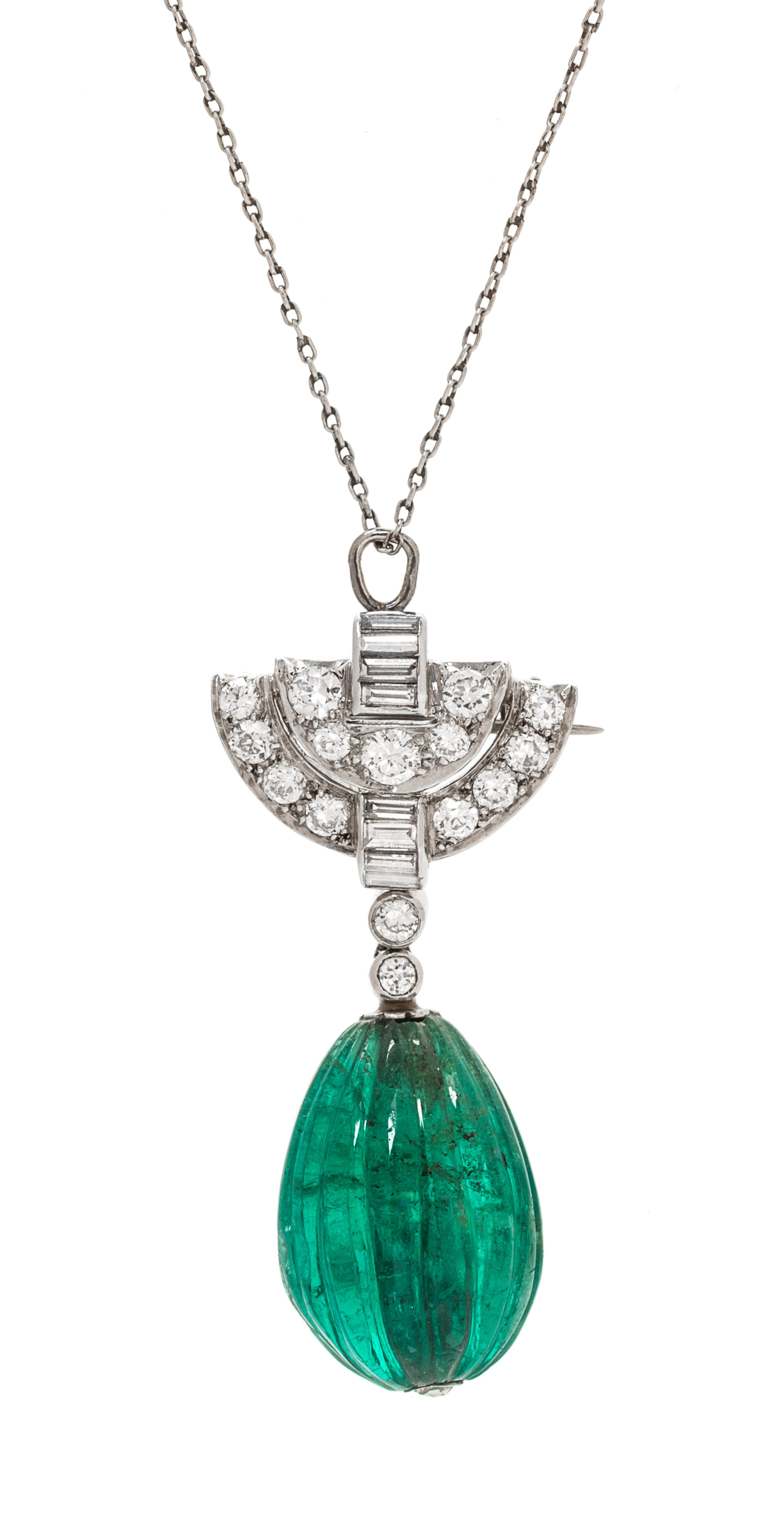 A Platinum, Emerald and Diamond Pendant/Brooch, Tiffany & Co., 6.50 dwts.